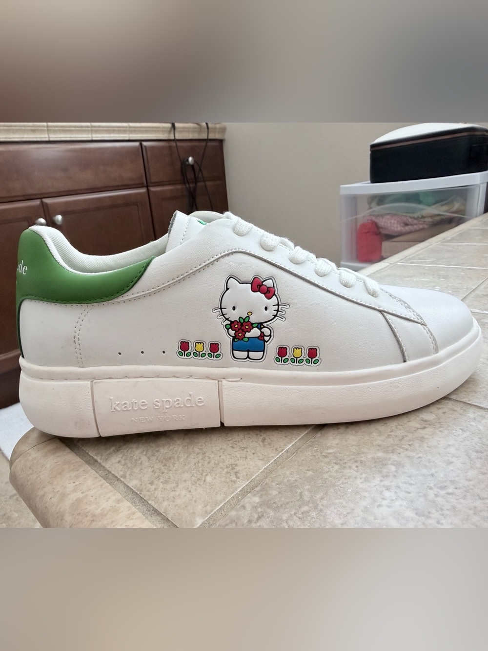 kate spade White Leather Hello Kitty Floral Accent Sneaker with Green Heel